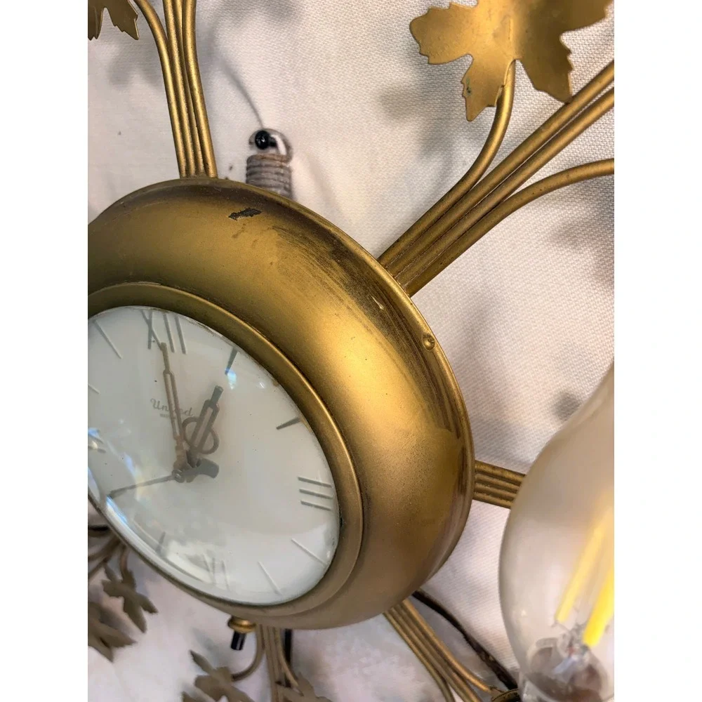 Vintage United Clock Corp Gold Metal Maple Leaf Sunburst Wall Clock Sconce 324